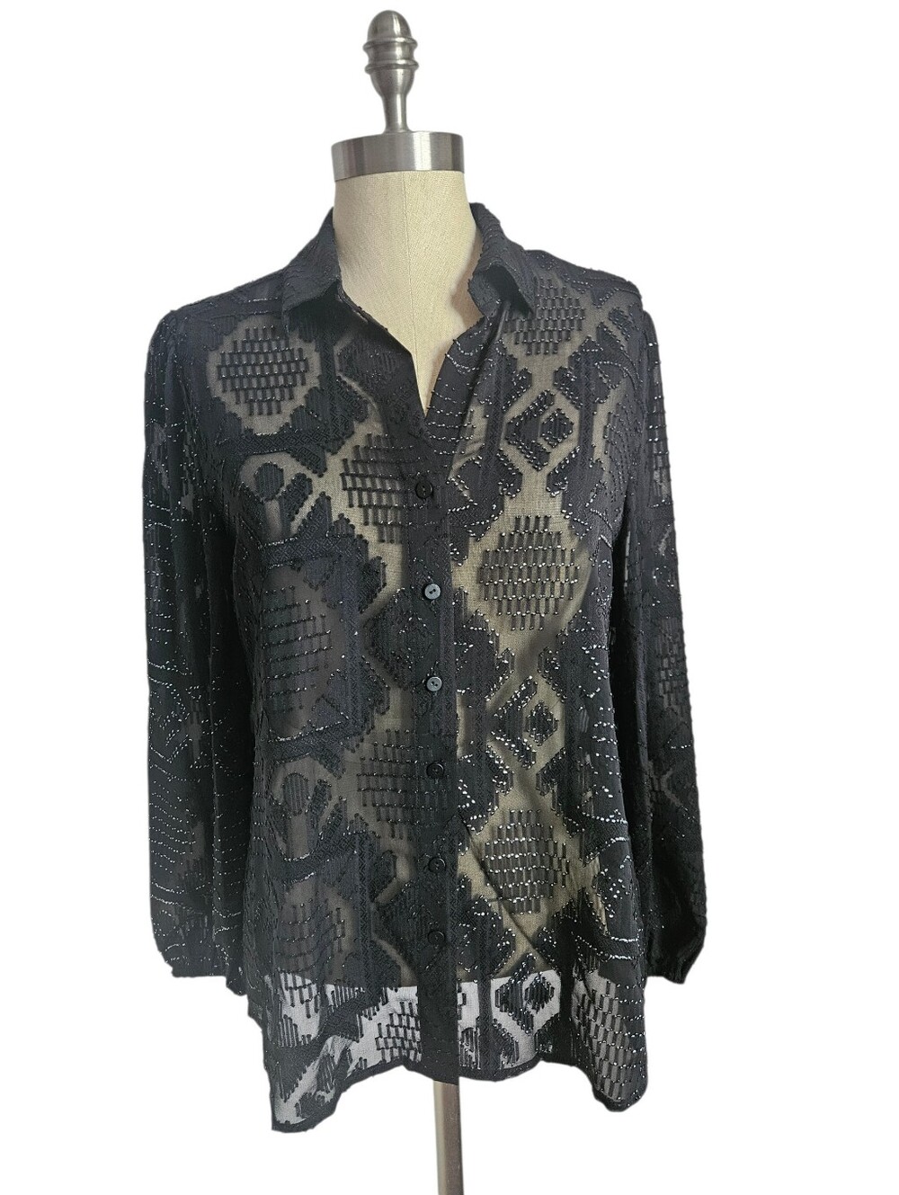 NWOT NIC+ZOE Black Sheer Textured Metallic Silver Accent Sheer Blouse | SZ S